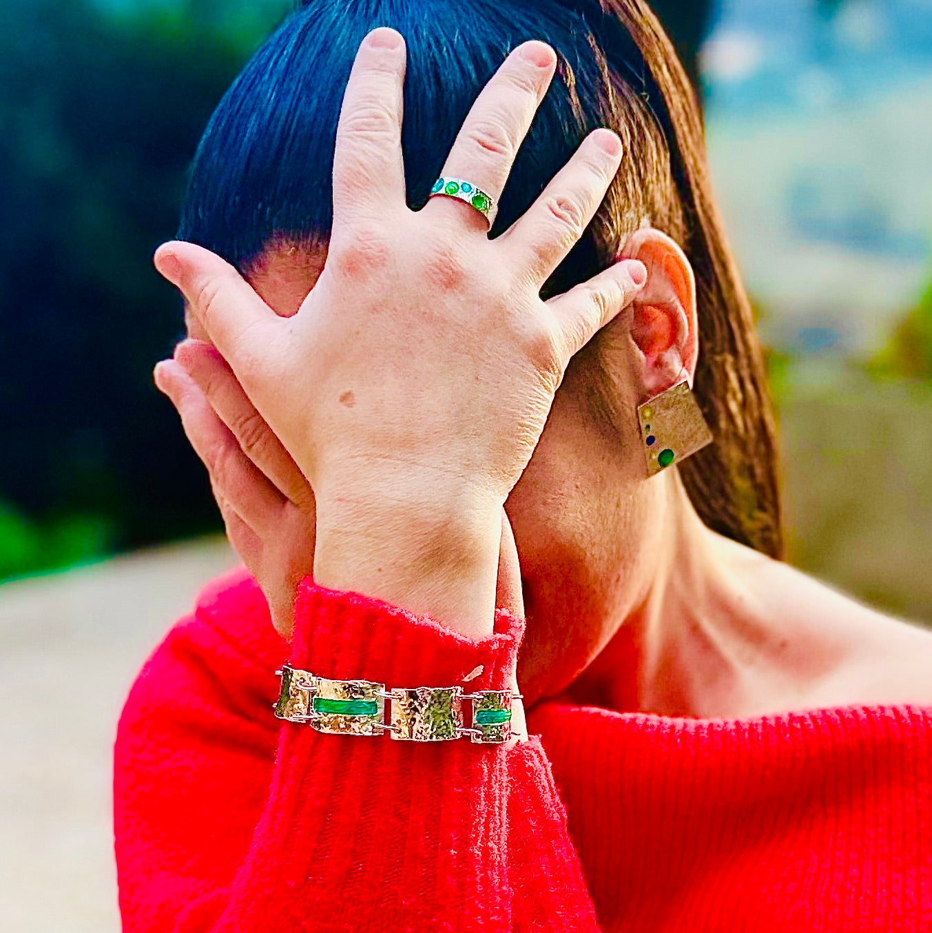 Bracciale Argento Martellato con Smalto Smeraldo